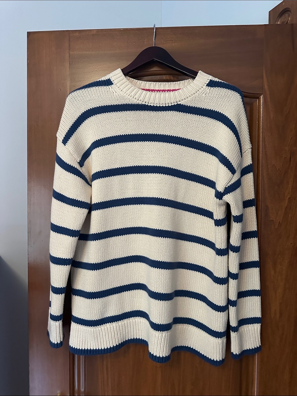 Boden’s Lucy Oversized Cotton Jumper-Almond Milk/ Denim Blue Stripe Size Small